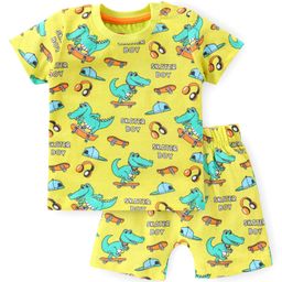 Babyhug Cotton Knit Half Sleeves Night Suit Dino Print - Green-image-48
