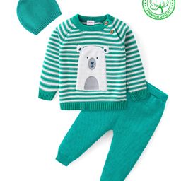 Babyhug Cotton Knit Full Raglan Sleeves Sweater Set with Cap & Stripes Design - Teal Blue-image-48
