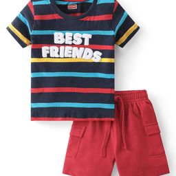 Babyhug Cotton Knit Half Sleeves Striped T-Shirt & Shorts Set With Text Print - Multicolor-picture-24