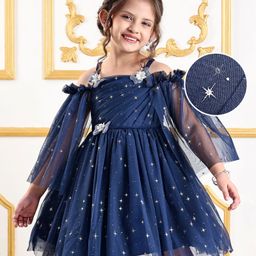 Mark & Mia Cold Shoulder Sleeves Pleated Party Frock with Star Glitter Detailing & Bow Applique - Navy Blue-image-69