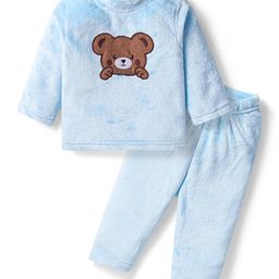 Babyhug Fur Woven Full Sleeves Winter Wear Suit With Bear Design - Sky Blue-26