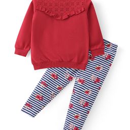 Babyhug Cotton Knit Full Sleeves Schiffli Detailed Top & Striped Leggings With Floral Print - Red & Navy-image-48