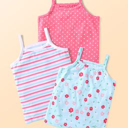 Babyhug 100% Cotton Knit Singlet Sleeves Striped Polka Dots & Floral Printed Slips Pack of 3 - Pink White & Aqua Blue-image-34