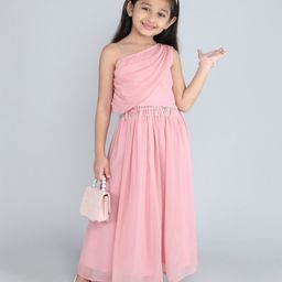 Taffykids One Shoulder Beads Detailed Ethnic Choli With Attached Dupatta & Lehenga Set - Pink-image-87