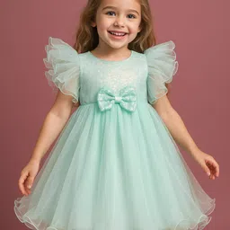 Babyhug Woven Frill Sleeves Party Dress With Sequinned Yoke & Bow Applique - Mint Green-picture-34