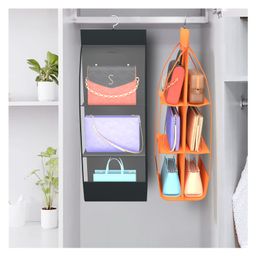 Kuber Industries Pack of 2 Hanging Organizer | 6 Pocket Transparent Storage Organizer | Hanging Purse for Wardrobe | Handbag Storage For Closet | Clutch Handbag Organizer | Black & Orange-image-58