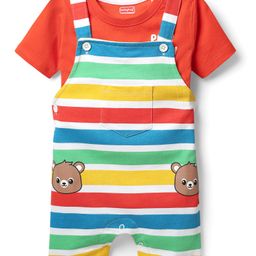 Babyhug Single Jersey Knit Striped Dungaree & Half Sleeves T-Shirt With Teddy Bear Print - Red-image-100