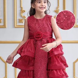 Mark & Mia Woven Sleeveless Party Dress with Floral Applique & Embroidery - Maroon-image-48