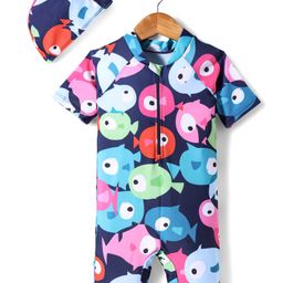 KIDLINGSS Half Raglan Sleeves Fish Printed Legged Swimsuit With Cap - Multi Colour-2