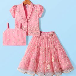 Babyhug Woven Half Sleeves Lehenga Choli & Jacket Set With Floral Embriodery - Pink-image-90
