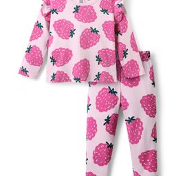 Bonfino 100% Cotton Knit Full Sleeves Co-ords T-Shit & Pant Set With Tropical Theme Print - Pink-image-97