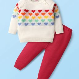 Babyhug Knit Raglan Full Sleeves Hearts Designed Pullover Sweater & Pant Set - White & Red-image-80