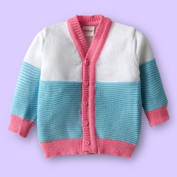 Babyhug Knit Front Open Striped & Color Block Front Open Sweater Set with Cap & Booties - Teal Blue image 2