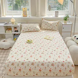 JC HOME White & Peach-Coloured Ethnic Motifs 140 TC King Bedsheet with 2 Pillow Covers-image-51