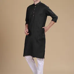 Anouk Black Striped Mandarin Collar Cotton Straight Kurta-image-49