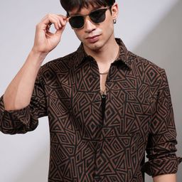 HIGHLANDER Men Relaxed Fit Spread Collar Geometric Printed Cotton Casual Shirt-image-66