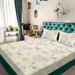 KLOTTHE Cream Floral 300 TC Cotton Blend Double Bedsheet in Book Fold Packing-image-124