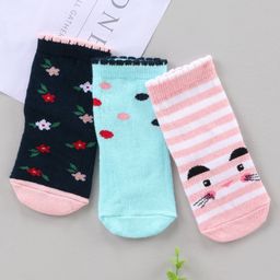 Cute Walk by Babyhug Ankle Length Antibacterial Socks Floral Dot And Stripe Design Pack Of 3 - Pink Blue-picture-33