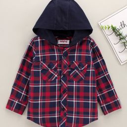 Babyhug Full Sleeves Checks Hooded Shirt with Front Pockets - Red-image-73