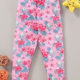 Babyhug Full Length Knit Stretchable Leggings Floral Print- Pink-image-97