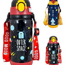FunBlast Double Walled Stainless Steel Dual Cap Water Bottle - 450 ml (Random Color and Design)-image-2