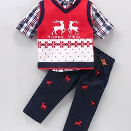 ToffyHouse Full Sleeves Shirt with Sleeveless Sweater and Trouser Deer and Checks Print - Navy and  Red (Checks Pattern May Vary)-image-24