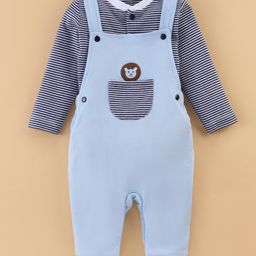 Baby Go 100% Cotton Interlock Full Sleeves Striped T-Shirt with Lion Embroidered Dungarees Set - Sky Blue-picture-23