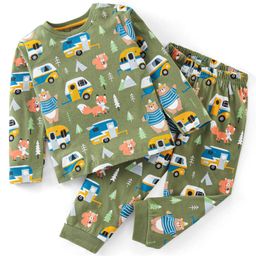 Babyhug Cotton Knit Full Sleeves Camper & Bear Printed Night Suit - Green-image-97