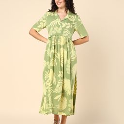 Zelena Half Sleeves Leaves Printed  Lapel Neck Maternity Dress & Concealed Nursing Access With Side Pockets - Green-image-23