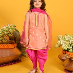 Saka Designs By Sapna Sleeveless Sequin Lace & Polka Dots Designed Foil Embellished Kurta & Dhoti Set - Peach & Magenta Pink-image-16