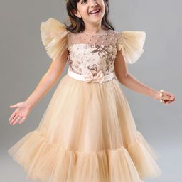 Mark & Mia  Frill Sleeves Three Fourth Embroidered  Party Frock with Beads Detailing & Bow Applique - Lotus Pink-image-9