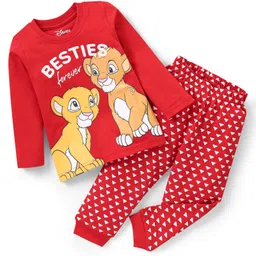Babyhug Disney Cotton Knit Full Sleeves Night Suit Lion King Print - Red-picture-7