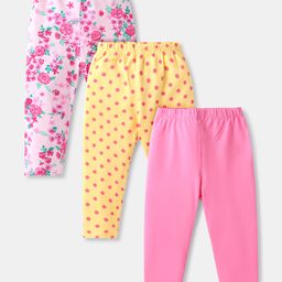 Babyhug Cotton Lycra Knit Stretchable Leggings Floral Print Pack of 3 - Pink & Yellow-image-69
