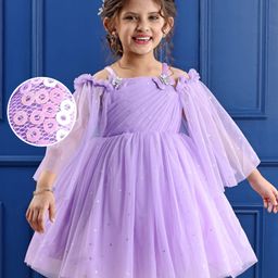 Mark & Mia Cold Shoulder Sleeves Pleated Party Frock with Star Glitter Detailing & Bow Applique - Lavender-image-9
