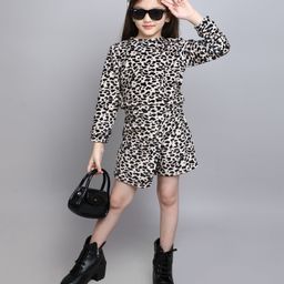 Taffykids Full Sleeves Animal Printed Sweatshirt And Matching Skort Set - Beige & Black-image-95