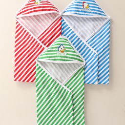 Babyhug Disney Terry Knit Hooded Towel & Wrapper with Donald Duck Graphics L 76X H 36 cm Pack of 3 - Blue Green & Red-picture-14