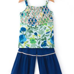 Ridokidz Sleeveless Floral Printed Lace Embellished Kurta With Sharara - Blue-picture-11