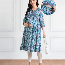 Bella Mama Woven Three Fourth Sleeves Floral Printed Kurta With Highlighted Placket & Pocket - Blue-picture-11