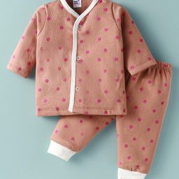Ben Benny Fleece Knit Full Sleeves Winter Night Suit with Polka Dots Print - Dark Peach-image-61