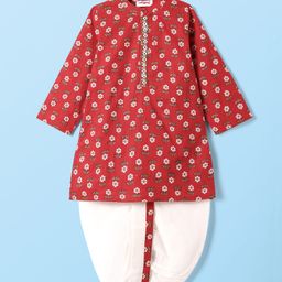 Babyhug Cotton Woven Full Sleeves Kurta Dhoti Set With Floral Print - Red-image-99