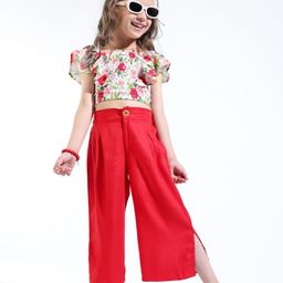 Ollington St. Cotton Floral Printed Flutter Sleeves Top & Rayon Twill Culotte Pant Set - White & Red-image-51
