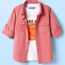 Pine Kids Cotton Woven Full Sleeves Solid Colour Shirt With T-Shirt - Light Red-image-31
