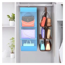 Kuber Industries Pack of 2 Hanging Organizer | 6 Pocket Transparent Storage Organizer | Handbag Storage For Closet | Clutch Handbag Organizer | Hanging Purse for Wardrobe | Sky Blue & Brown-image-51