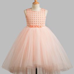 Toy Balloon Kids Net Sleeveless Polka Dots Foil Printed & Floral Applique Detailed High Low Dress - Peach-image-74