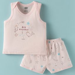 Zero Interlock Knit Sleeveless Shorts Night Suit with Sea Life Print - Baby Pink-image-32