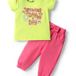 Doodle Poodle 100% Cotton Knit Half Sleeves T-Shirt & Lounge Pant Set with Born to Shine Text Print - Lime Green & Dark Pink-image-32