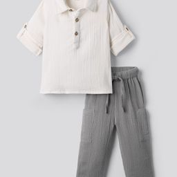 Bonfino 100% Cotton Woven Full Sleeves Solid Coloured Shirt & Pant Set - White & Grey-picture-11
