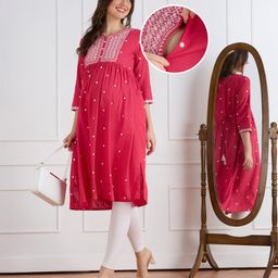 Bella Mama Viscose Woven Three Fourth Sleeves Maternity Kurta With Embroidered Yoke - Dark Pink-picture-43