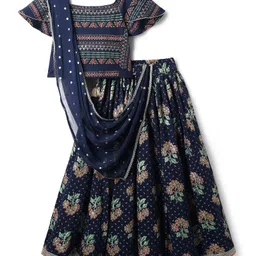 EARTHY TOUCH Single Jersey Knit Half Sleeves Choli Lehenga & Dupatta With Floral Print - Navy Blue-picture-9