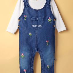 WOW Clothes Cotton Knit Dungarees with Full Sleeves Inner Tee & Floral Embroidery - White-image-14